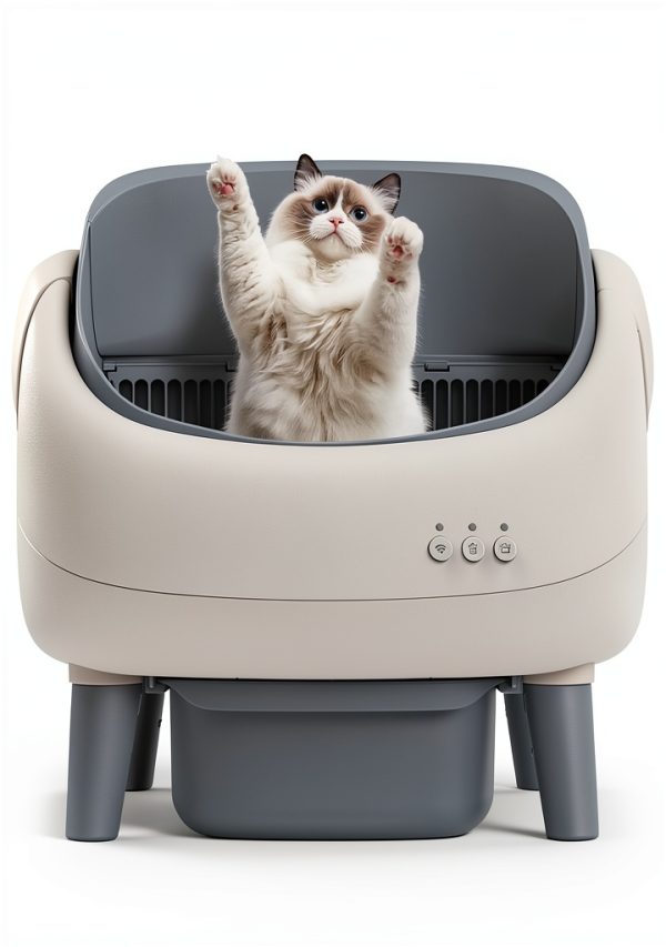 Open-Top Self Cleaning Litter Box, Automatic Cat Litter Box for Multiple Cats, APP Control, Safety Protection, Includes Trash Bags, White/Grey-0